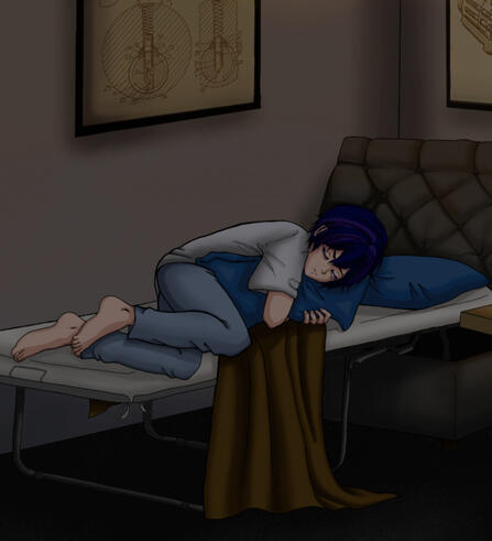 Kleis sleeping in their uncle's workshop