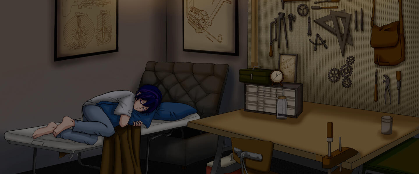 Kleis sleeping in the workshop